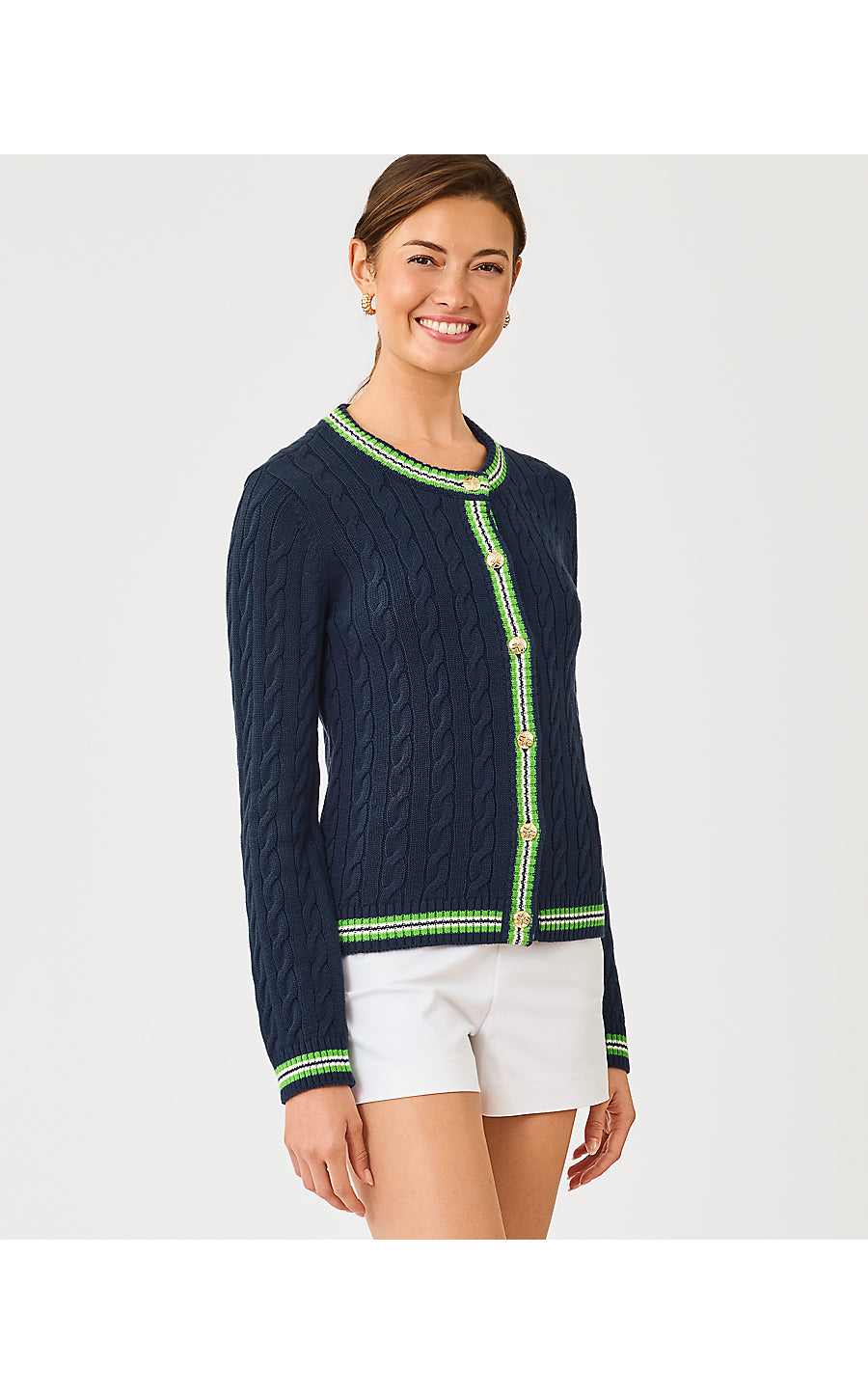 BROCKTON CREW NECK CARDIGAN, LOW TIDE NAVY X CHATEAU GREEN TIPPING