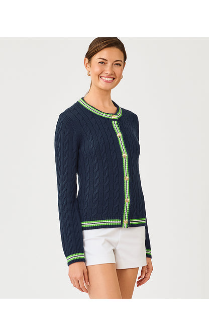BROCKTON CREW NECK CARDIGAN, LOW TIDE NAVY X CHATEAU GREEN TIPPING
