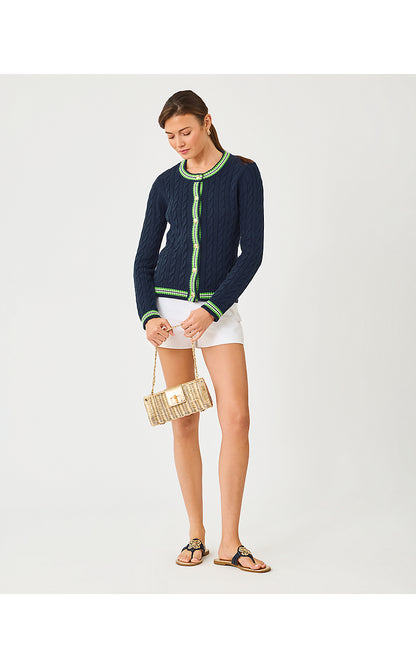 BROCKTON CREW NECK CARDIGAN, LOW TIDE NAVY X CHATEAU GREEN TIPPING