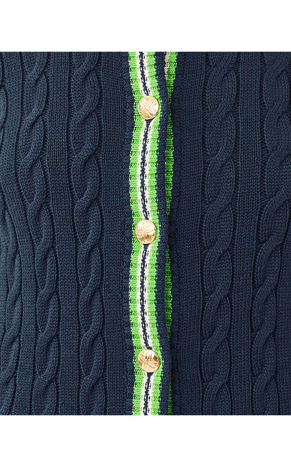 BROCKTON CREW NECK CARDIGAN, LOW TIDE NAVY X CHATEAU GREEN TIPPING