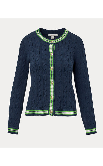 BROCKTON CREW NECK CARDIGAN, LOW TIDE NAVY X CHATEAU GREEN TIPPING