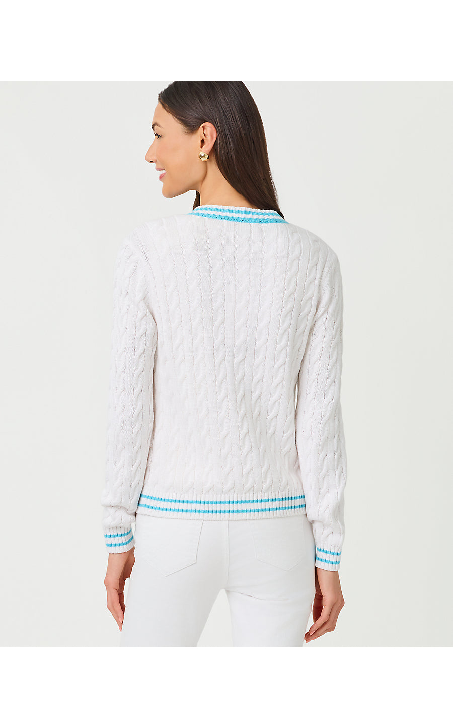 BROCKTON CREW NECK CARDIGAN, RESORT WHITE X CAPRI BLUE TIPPING