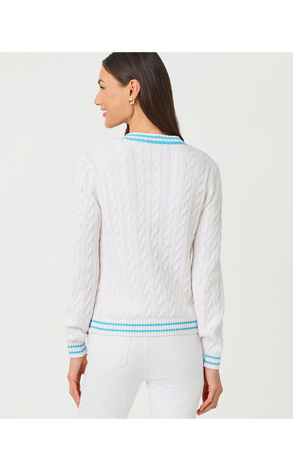 BROCKTON CREW NECK CARDIGAN, RESORT WHITE X CAPRI BLUE TIPPING