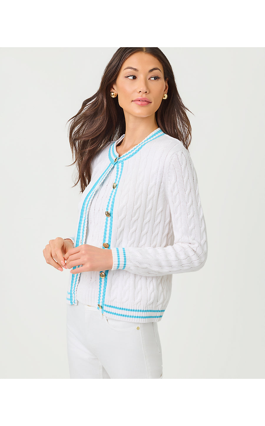 BROCKTON CREW NECK CARDIGAN, RESORT WHITE X CAPRI BLUE TIPPING