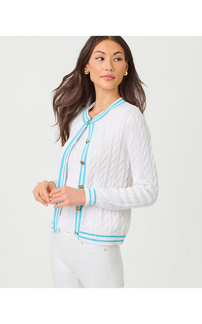 BROCKTON CREW NECK CARDIGAN, RESORT WHITE X CAPRI BLUE TIPPING