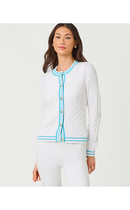 BROCKTON CREW NECK CARDIGAN, RESORT WHITE X CAPRI BLUE TIPPING