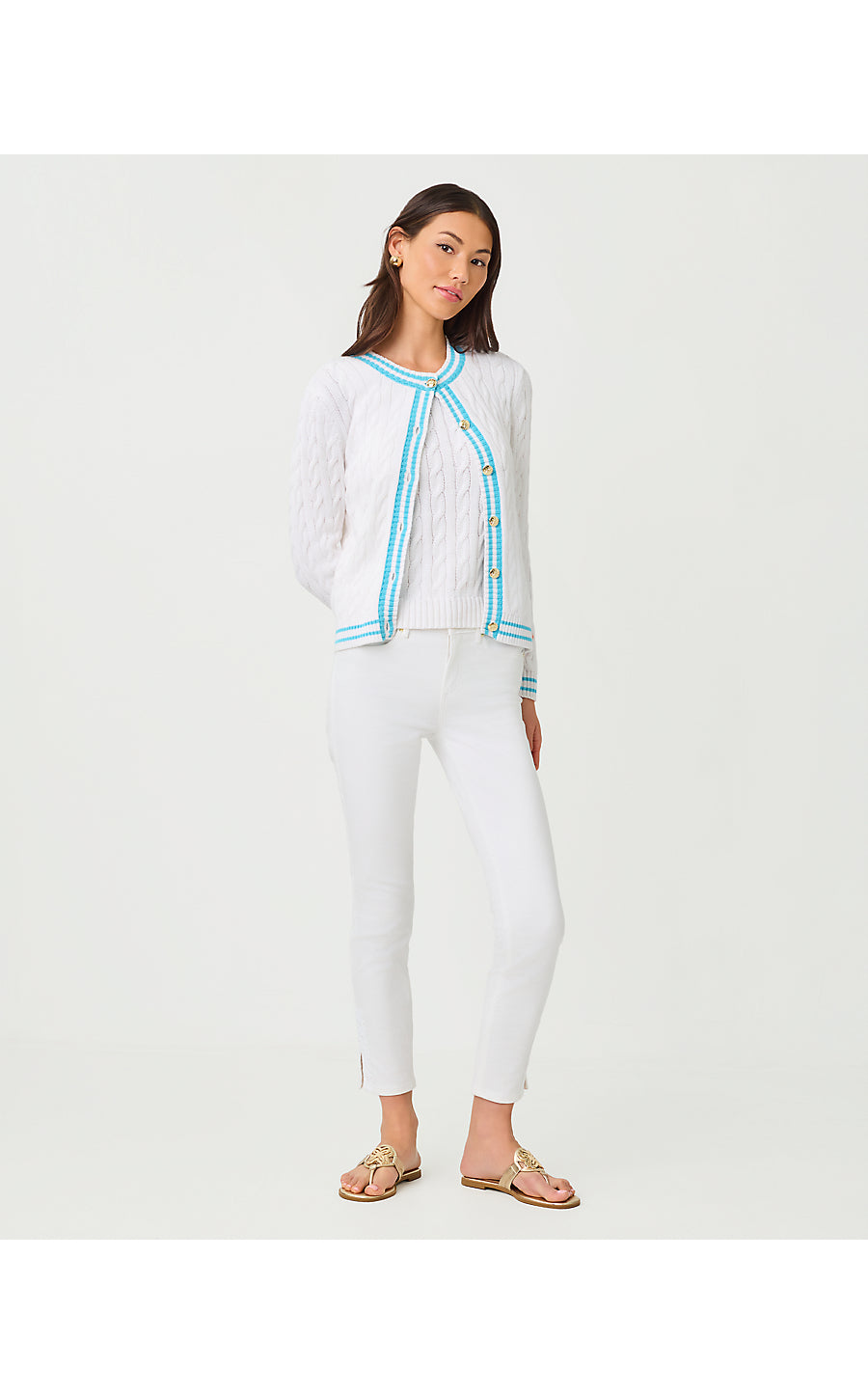 BROCKTON CREW NECK CARDIGAN, RESORT WHITE X CAPRI BLUE TIPPING