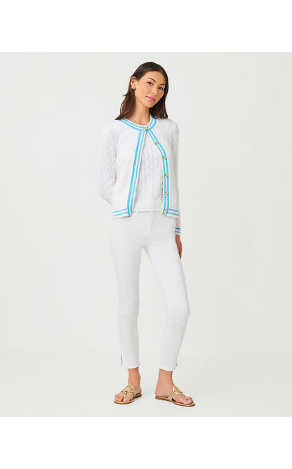 BROCKTON CREW NECK CARDIGAN, RESORT WHITE X CAPRI BLUE TIPPING