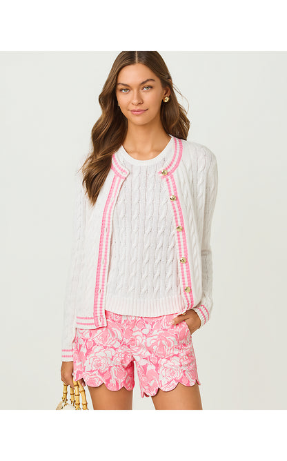 BROCKTON CREW NECK CARDIGAN, RESORT WHITE X CONCH SHELL PINK TIPPING