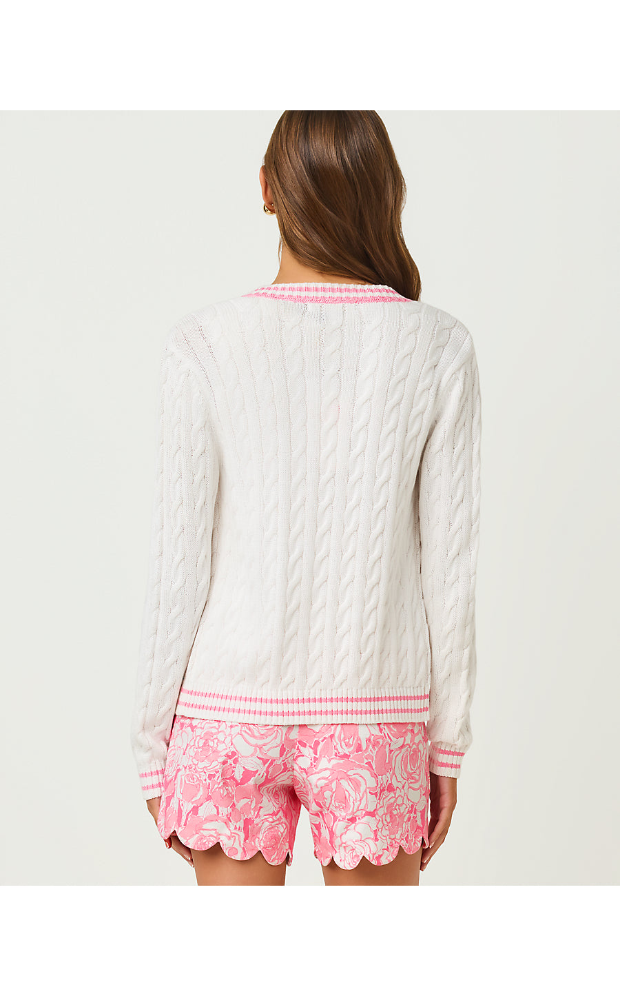 BROCKTON CREW NECK CARDIGAN, RESORT WHITE X CONCH SHELL PINK TIPPING