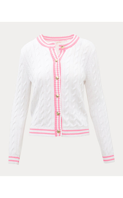 BROCKTON CREW NECK CARDIGAN, RESORT WHITE X CONCH SHELL PINK TIPPING