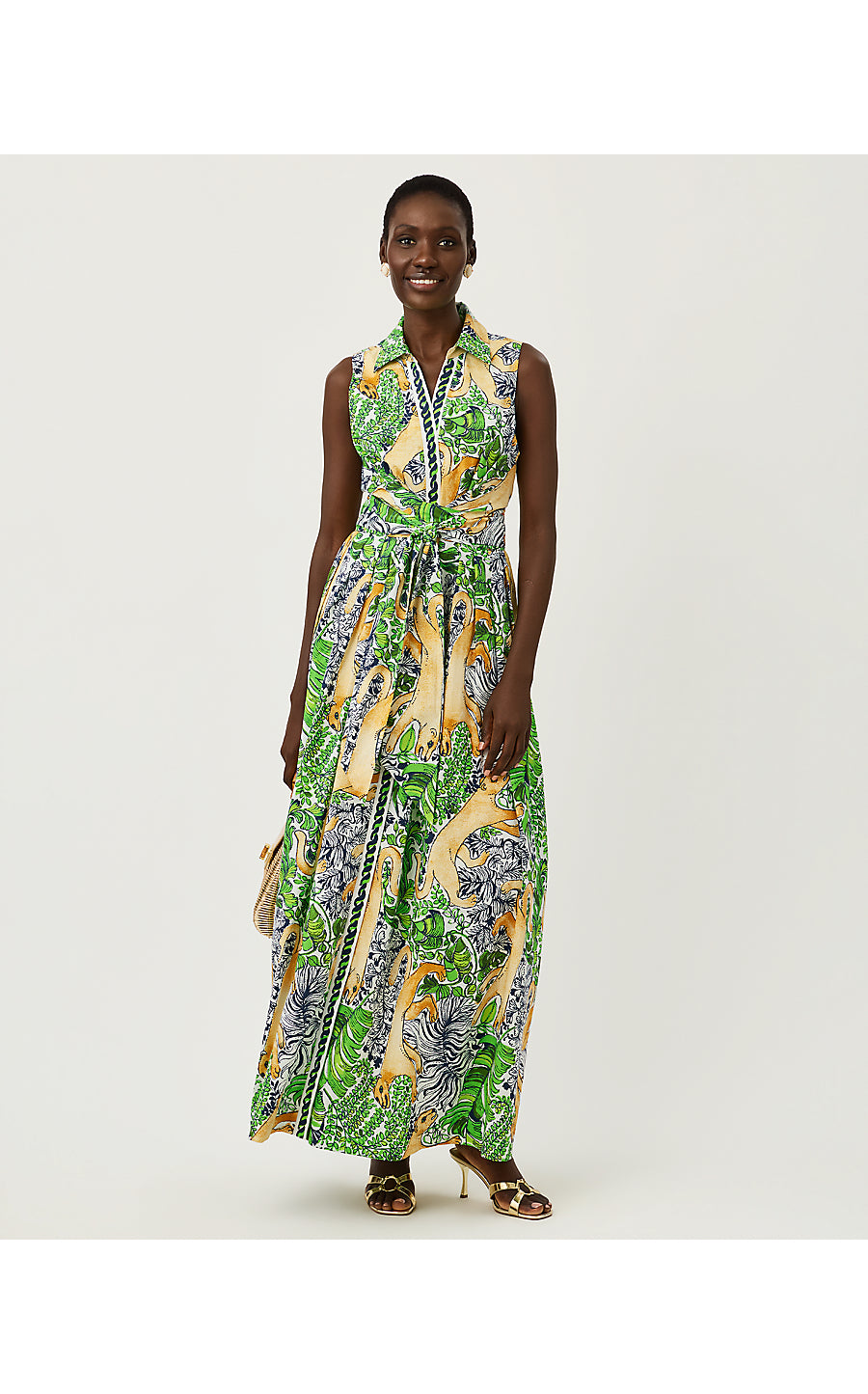 MARRIA STRETCH MAXI DRESS, MULTI PALM PROWL ENGINEERED WOVEN SHIRTDRESS