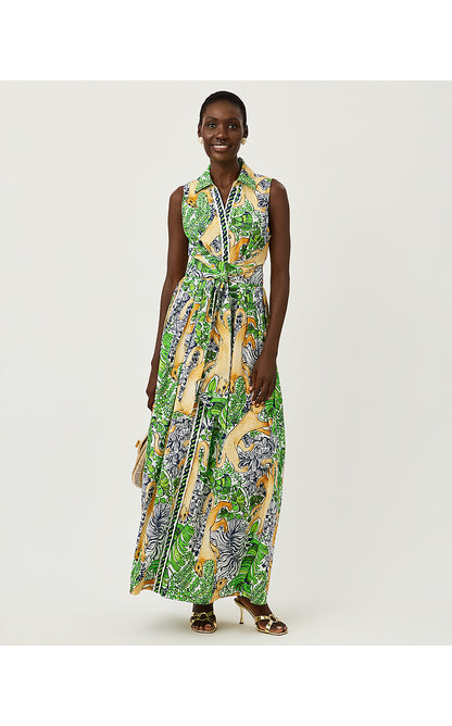 MARRIA STRETCH MAXI DRESS, MULTI PALM PROWL ENGINEERED WOVEN SHIRTDRESS