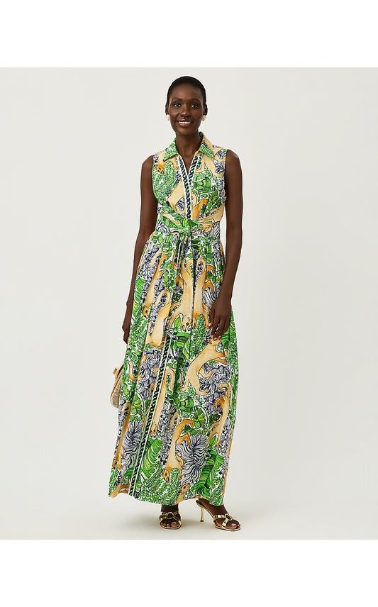 MARRIA STRETCH MAXI DRESS, MULTI PALM PROWL ENGINEERED WOVEN SHIRTDRESS