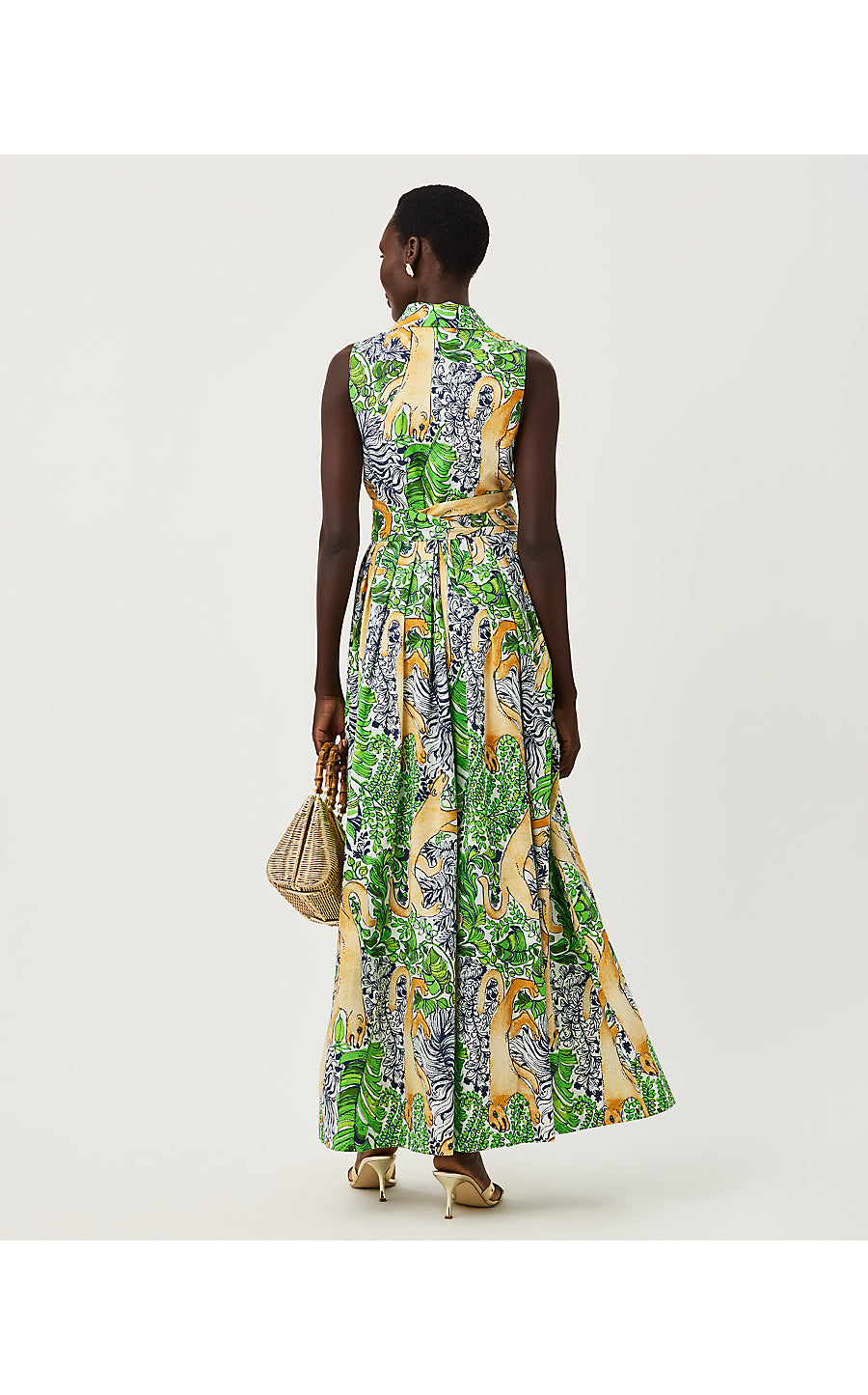 MARRIA STRETCH MAXI DRESS, MULTI PALM PROWL ENGINEERED WOVEN SHIRTDRESS