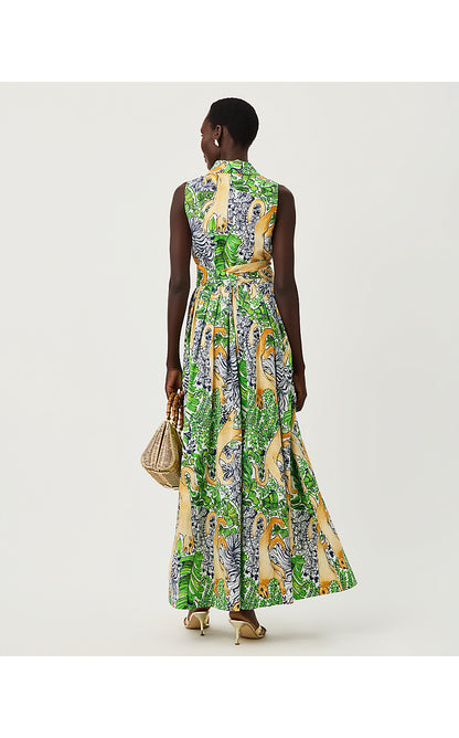 MARRIA STRETCH MAXI DRESS, MULTI PALM PROWL ENGINEERED WOVEN SHIRTDRESS