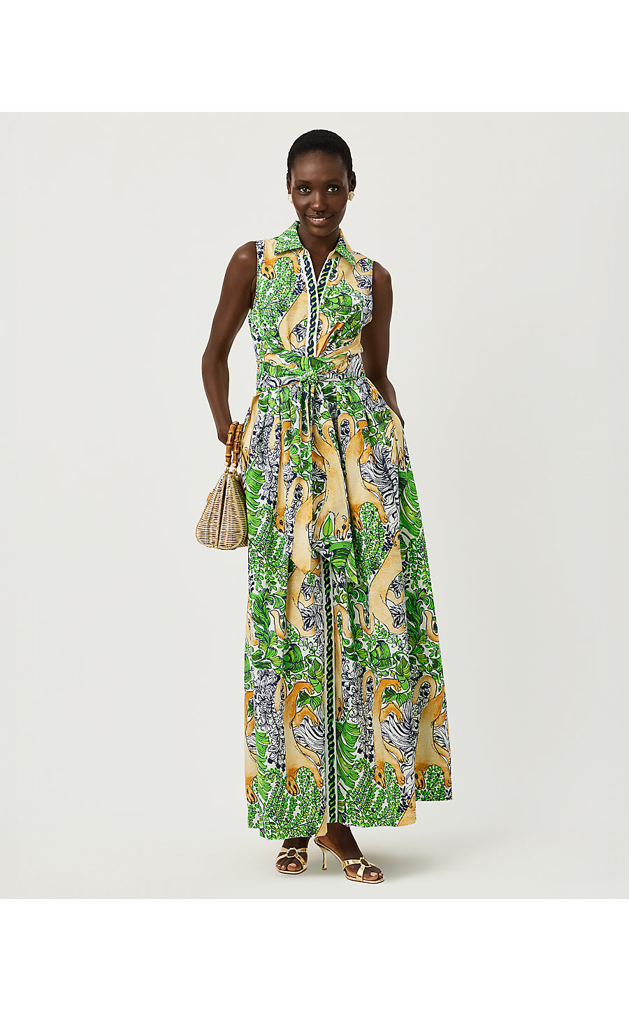 MARRIA STRETCH MAXI DRESS, MULTI PALM PROWL ENGINEERED WOVEN SHIRTDRESS
