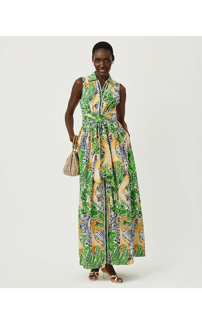 MARRIA STRETCH MAXI DRESS, MULTI PALM PROWL ENGINEERED WOVEN SHIRTDRESS