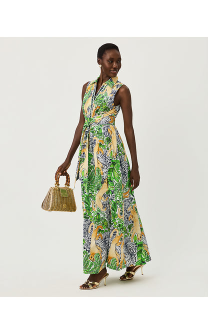 MARRIA STRETCH MAXI DRESS, MULTI PALM PROWL ENGINEERED WOVEN SHIRTDRESS