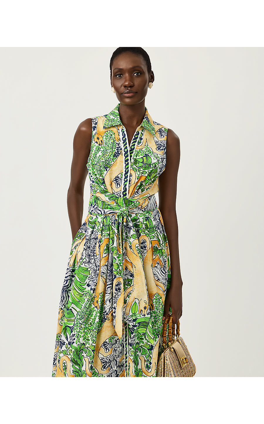 MARRIA STRETCH MAXI DRESS, MULTI PALM PROWL ENGINEERED WOVEN SHIRTDRESS