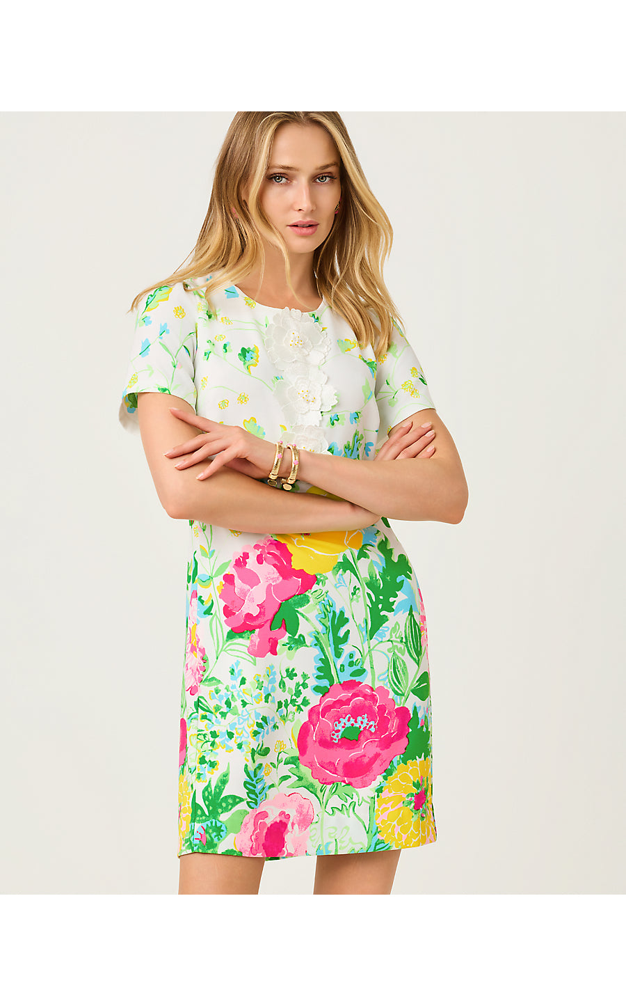 EDITA SHORT SLEEVE SHIFT, MULTI POPPY PARTY ENGINEERED WOVEN SHIFT