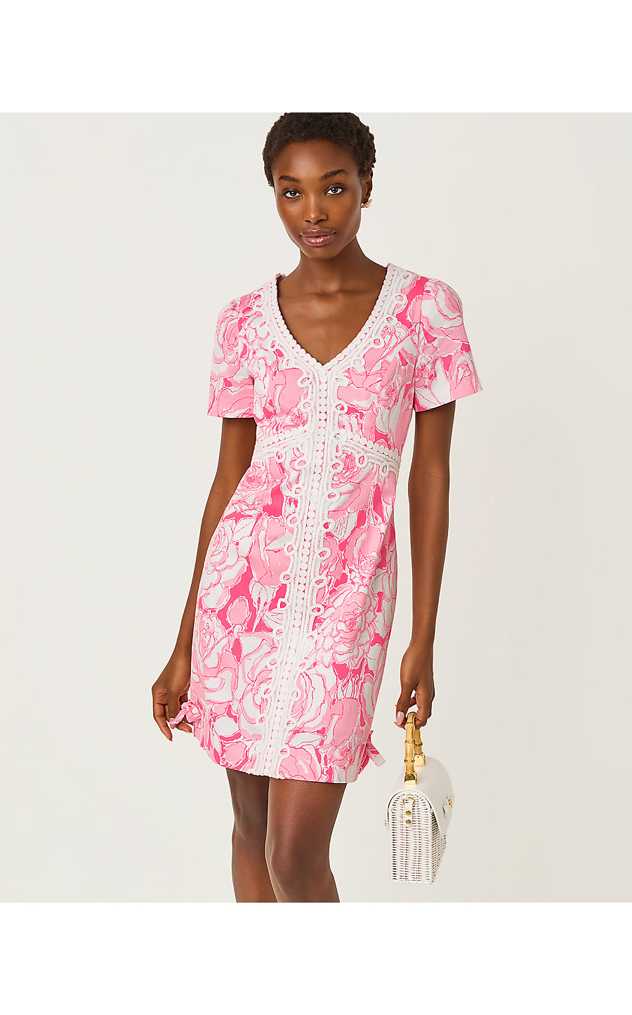 EVITA SHORT SLEEVE STRETCH DRESS, CONFETTI PINK ROSANNA
