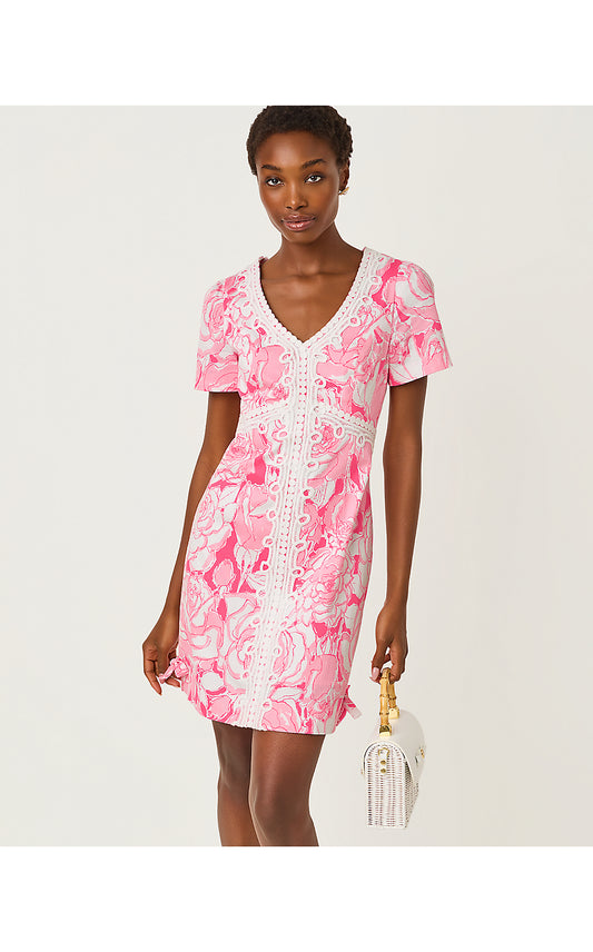 EVITA SHORT SLEEVE STRETCH DRESS, CONFETTI PINK ROSANNA