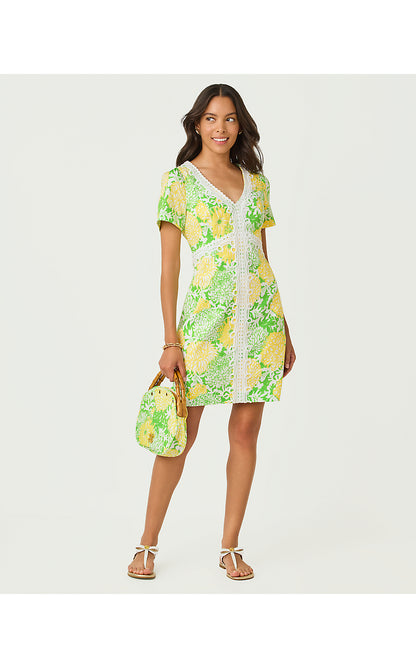 EVITA SHORT SLEEVE STRETCH DRESS, CROCODILE GREEN MUMBO JUMBO LAYERED