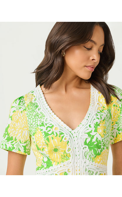 EVITA SHORT SLEEVE STRETCH DRESS, CROCODILE GREEN MUMBO JUMBO LAYERED