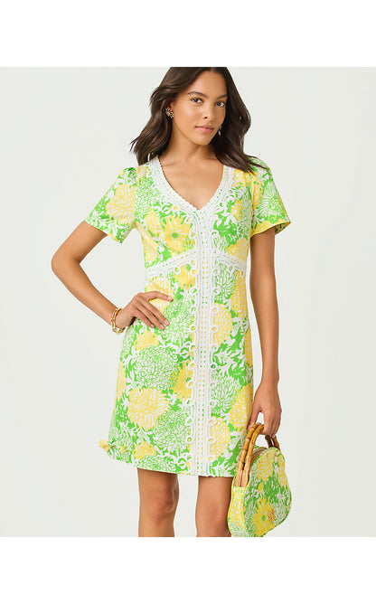 EVITA SHORT SLEEVE STRETCH DRESS, CROCODILE GREEN MUMBO JUMBO LAYERED