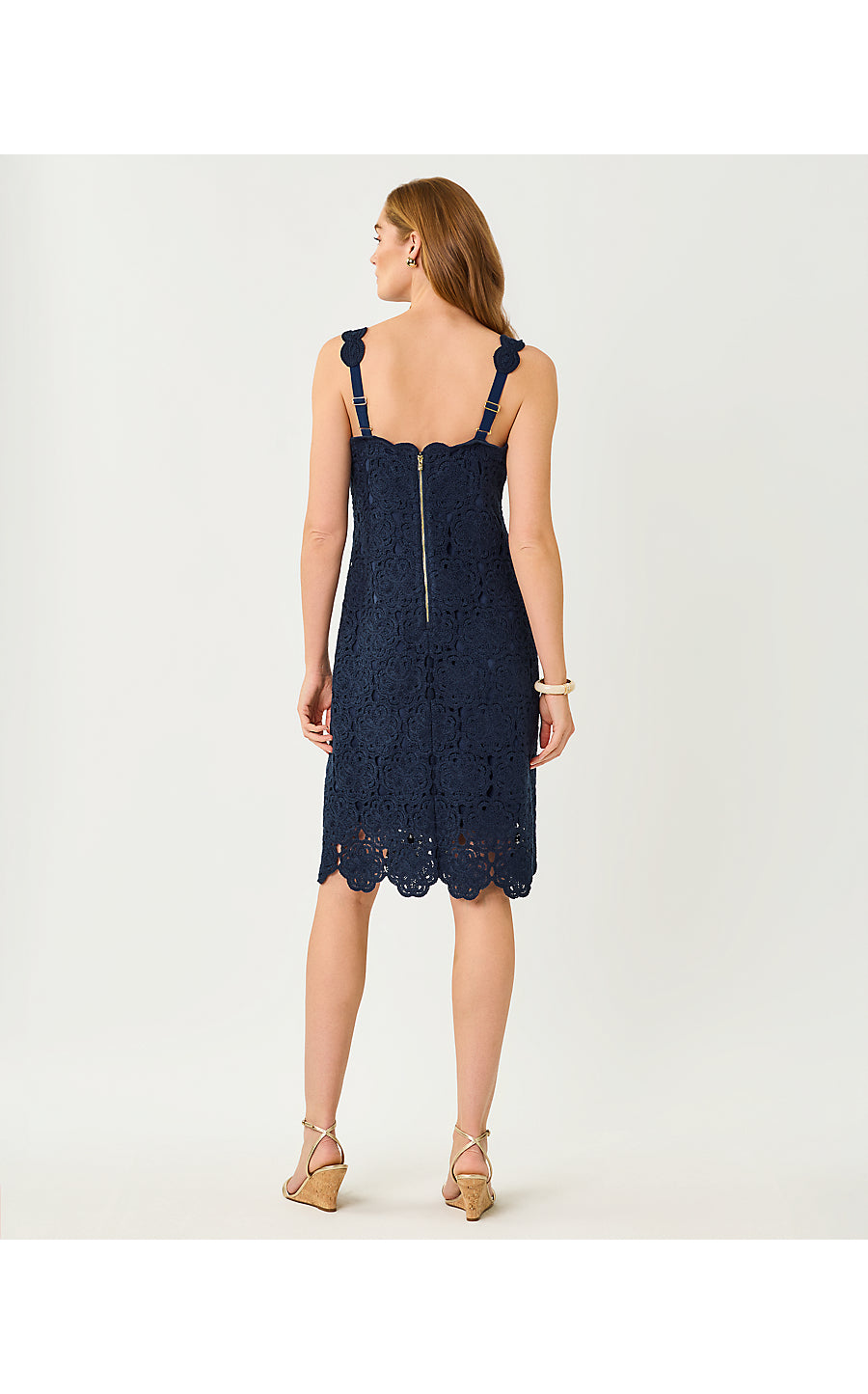 FABIAN CROCHET MIDI DRESS, LOW TIDE NAVY ROSEBUD KNIT CROCHET PANEL