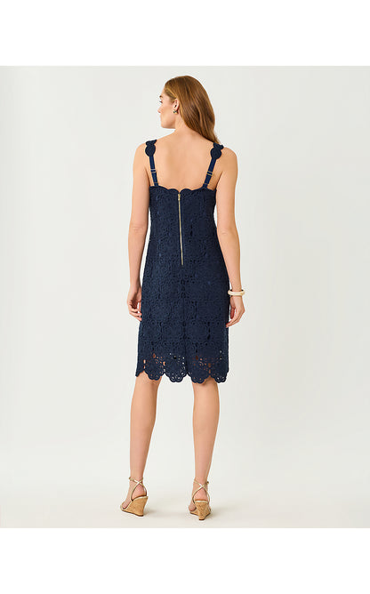 FABIAN CROCHET MIDI DRESS, LOW TIDE NAVY ROSEBUD KNIT CROCHET PANEL