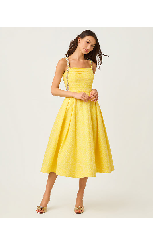 CARLINA MIDI DRESS, ESTELLE YELLOW IRIDESCENT FLORAL JACQUARD