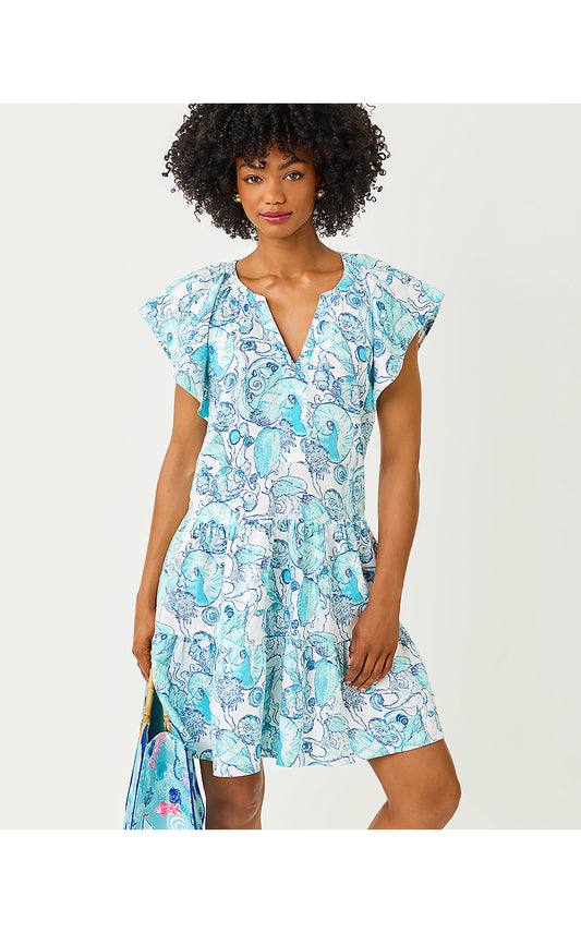 NORELLA LINEN DRESS, RESORT WHITE SHELL SHINE