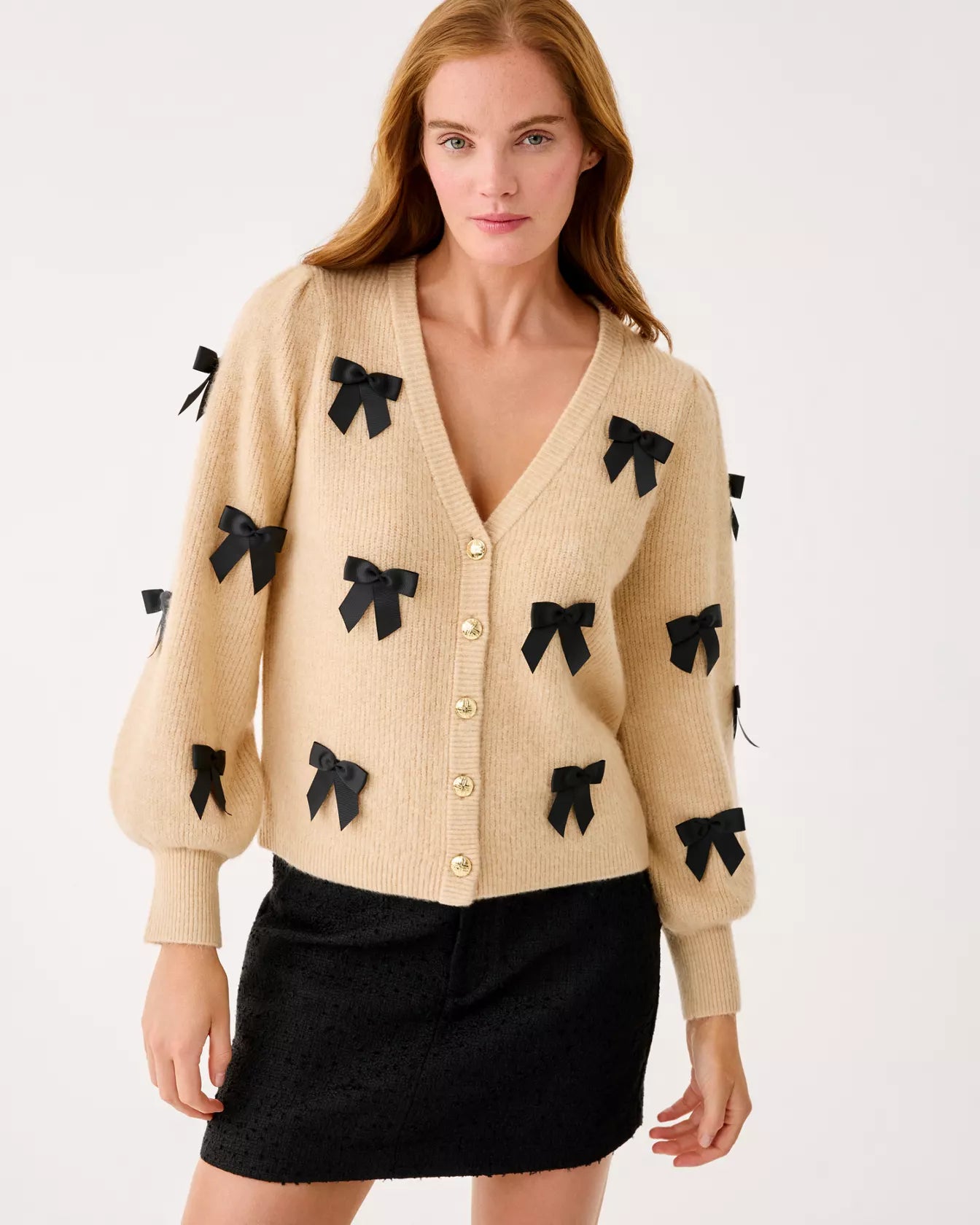 ZARIE CARDIGAN, HEATHERED WICKER TAN PARTY BOWS