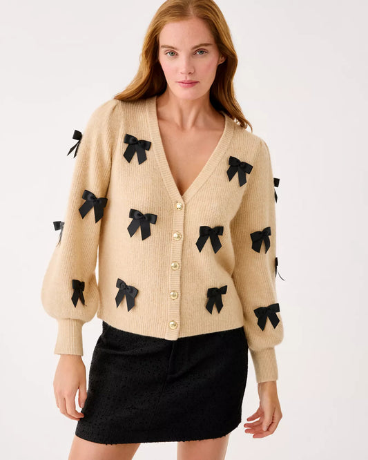 ZARIE CARDIGAN, HEATHERED WICKER TAN PARTY BOWS