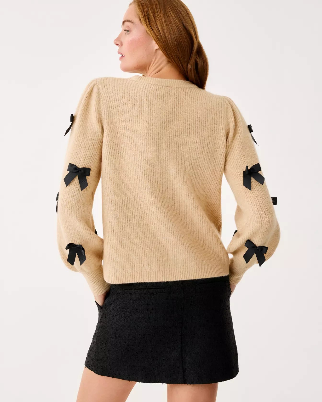 ZARIE CARDIGAN, HEATHERED WICKER TAN PARTY BOWS