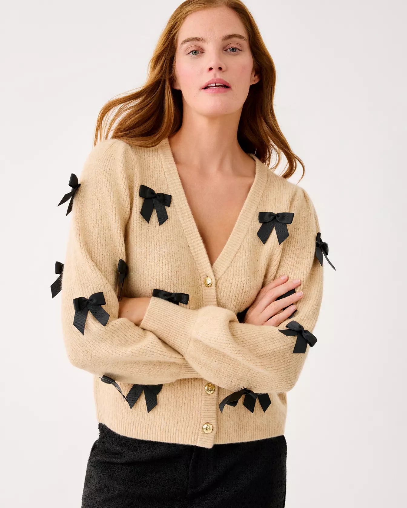 ZARIE CARDIGAN, HEATHERED WICKER TAN PARTY BOWS