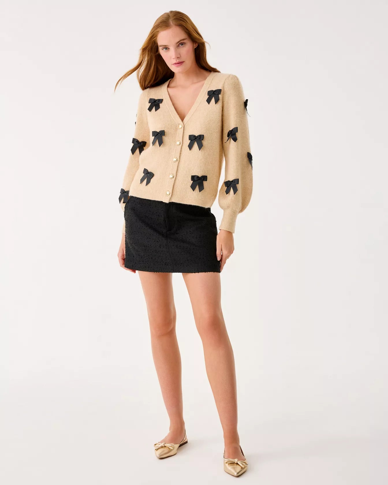 ZARIE CARDIGAN, HEATHERED WICKER TAN PARTY BOWS