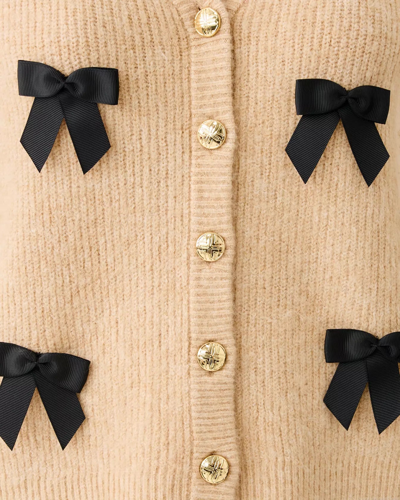 ZARIE CARDIGAN, HEATHERED WICKER TAN PARTY BOWS