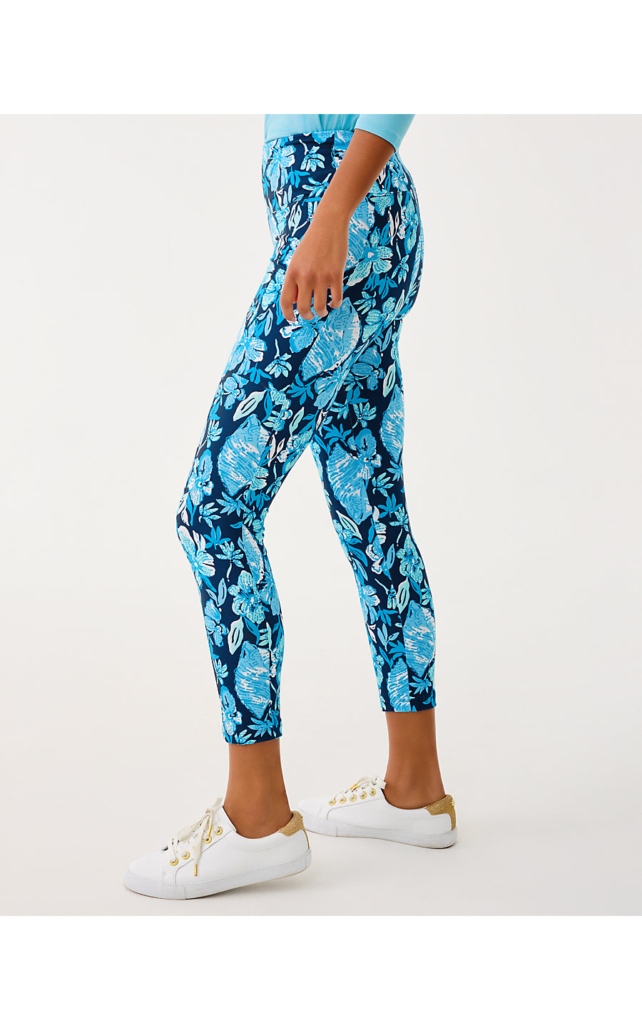 WEEKENDER HIGH RISE MIDI LEGGING, LOW TIDE NAVY CROSSGRAIN SEASHELL SPLENDOR