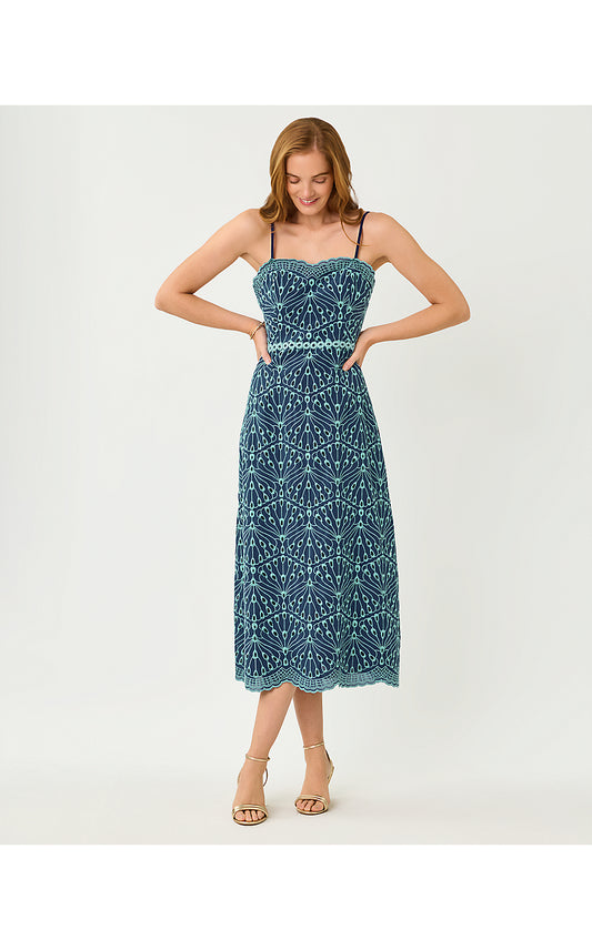 ARLIN MIDI DRESS, STARLIGHT NAVY X CAPRI BLUE QUEEN SCALLOP EYELET