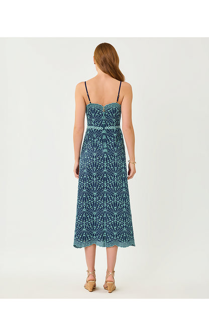 ARLIN MIDI DRESS, STARLIGHT NAVY X CAPRI BLUE QUEEN SCALLOP EYELET
