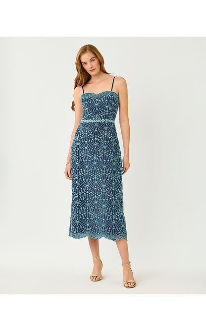 ARLIN MIDI DRESS, STARLIGHT NAVY X CAPRI BLUE QUEEN SCALLOP EYELET