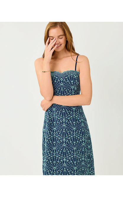 ARLIN MIDI DRESS, STARLIGHT NAVY X CAPRI BLUE QUEEN SCALLOP EYELET
