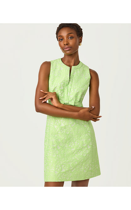 SOBEL SHIFT, PISTACHIO MACARON FLORAL CUTWORK METALLIC STRIPE
