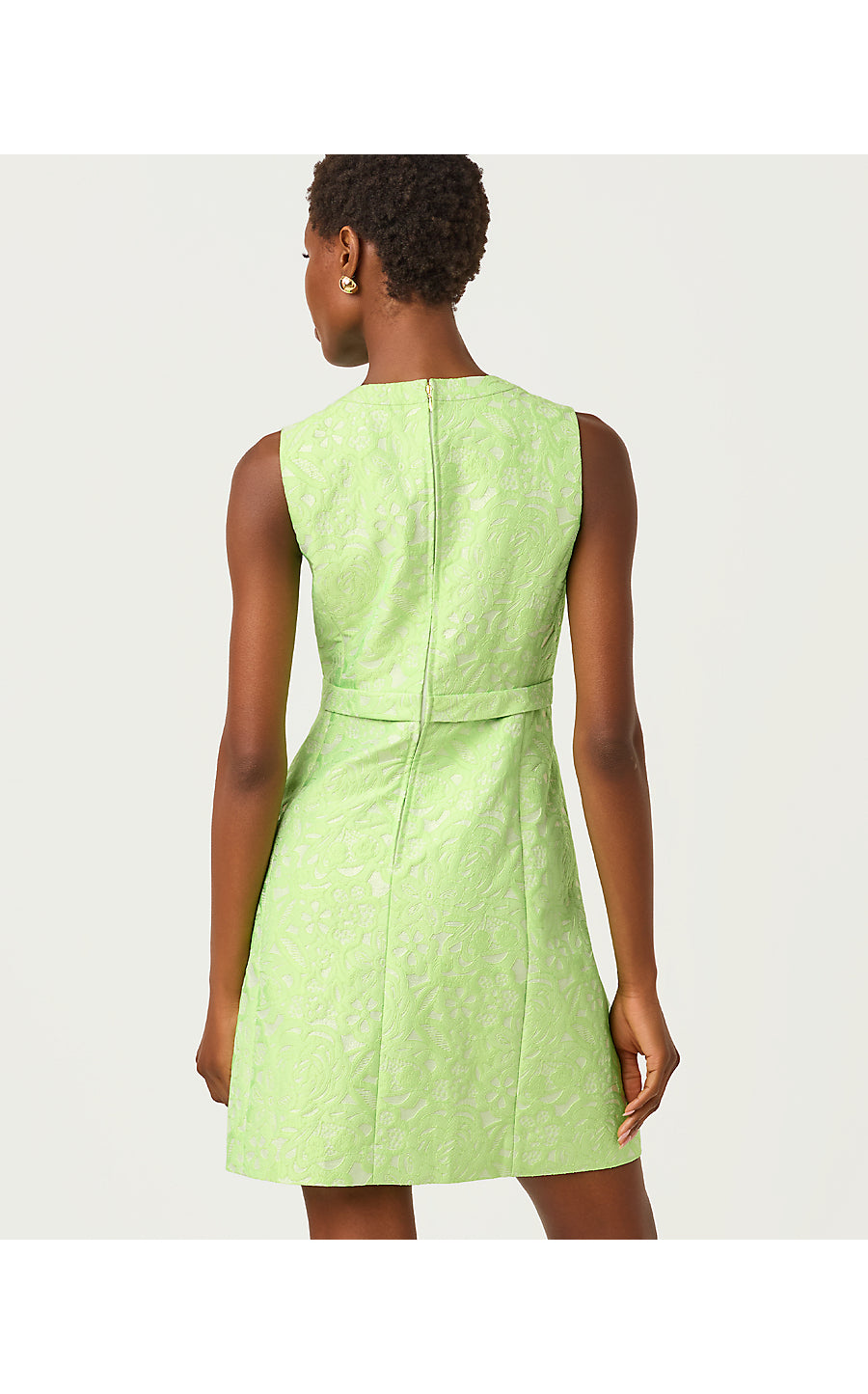 SOBEL SHIFT, PISTACHIO MACARON FLORAL CUTWORK METALLIC STRIPE