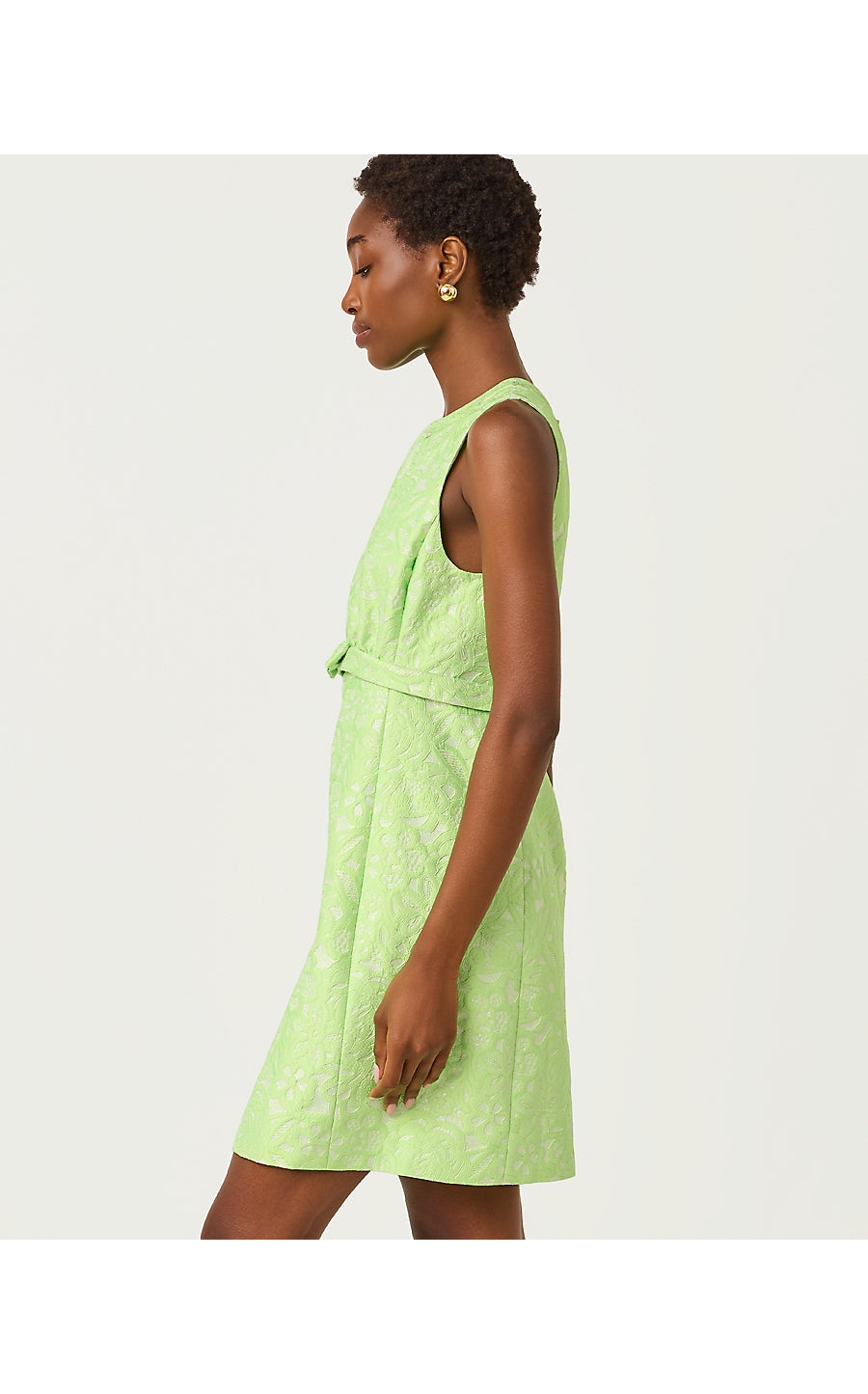 SOBEL SHIFT, PISTACHIO MACARON FLORAL CUTWORK METALLIC STRIPE