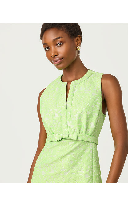 SOBEL SHIFT, PISTACHIO MACARON FLORAL CUTWORK METALLIC STRIPE