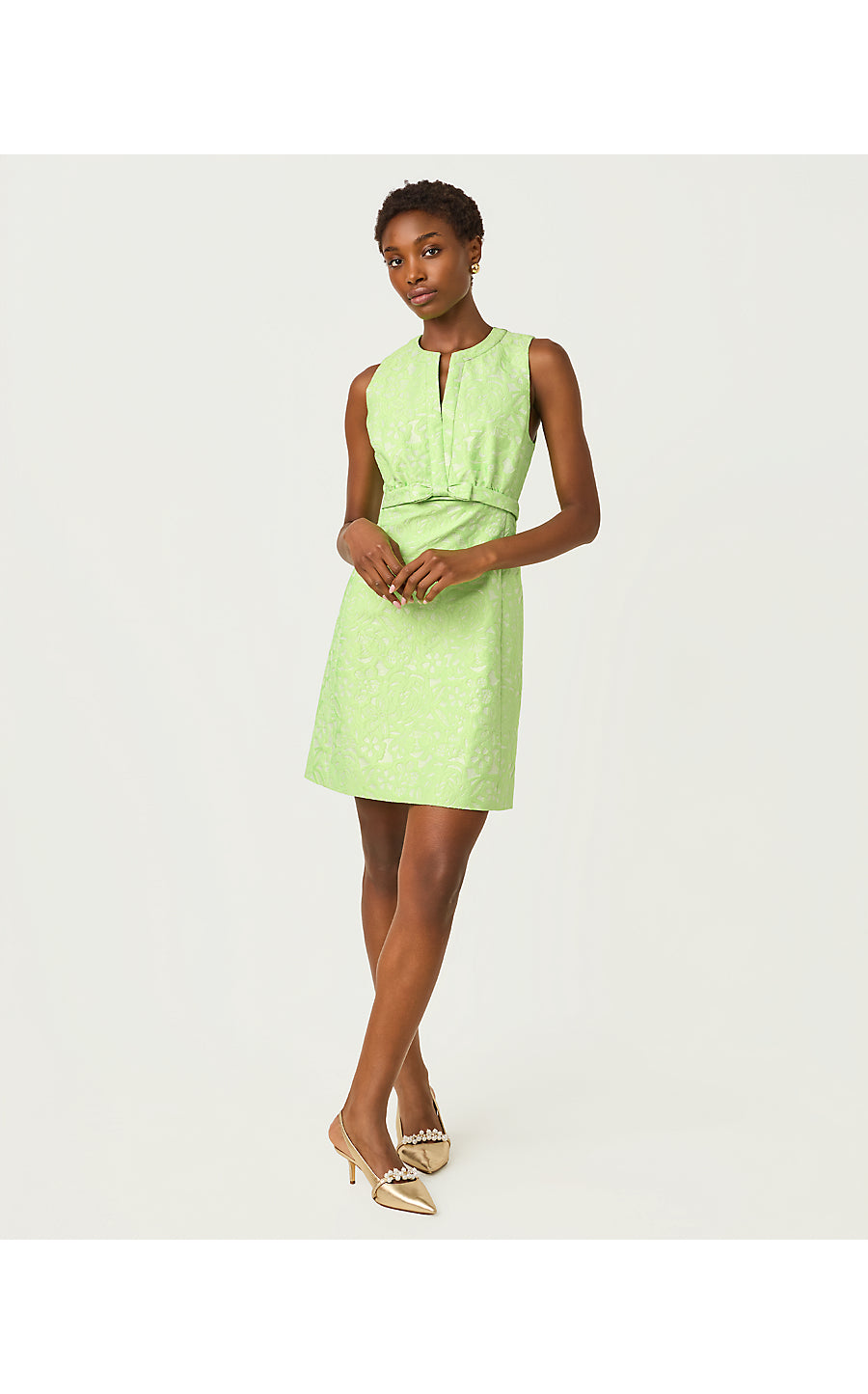 SOBEL SHIFT, PISTACHIO MACARON FLORAL CUTWORK METALLIC STRIPE